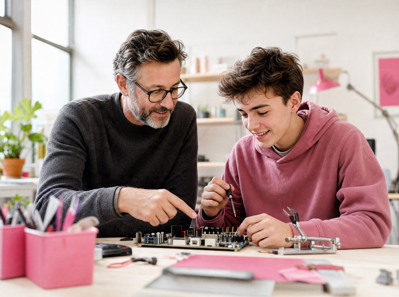 A mentor reviewing a prototype with a maker