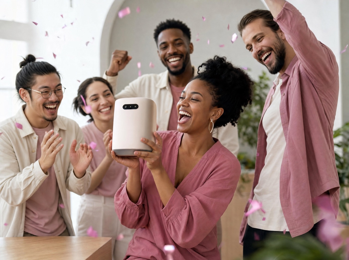 A team celebrating a product launch